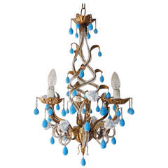 Antique French Blue Opaline Drops Beaded White Roses Helix Tole Chandelier
