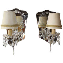 Italian Crystal Prisms Etched Mirror Sconces