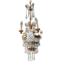 Italian White Rose Murano Drops Tole Tiered Gold Gilded Chandelier