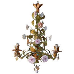 Vintage Italian Tole Porcelain Roses & Flowers Chandelier