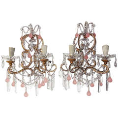 Antique Italian Beaded Crystal Prisms Swags Pink Drops Sconces