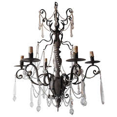 c 1920 Florentine Gray Wooden Wrought Iron Crystal Prisms Swags Chandelier