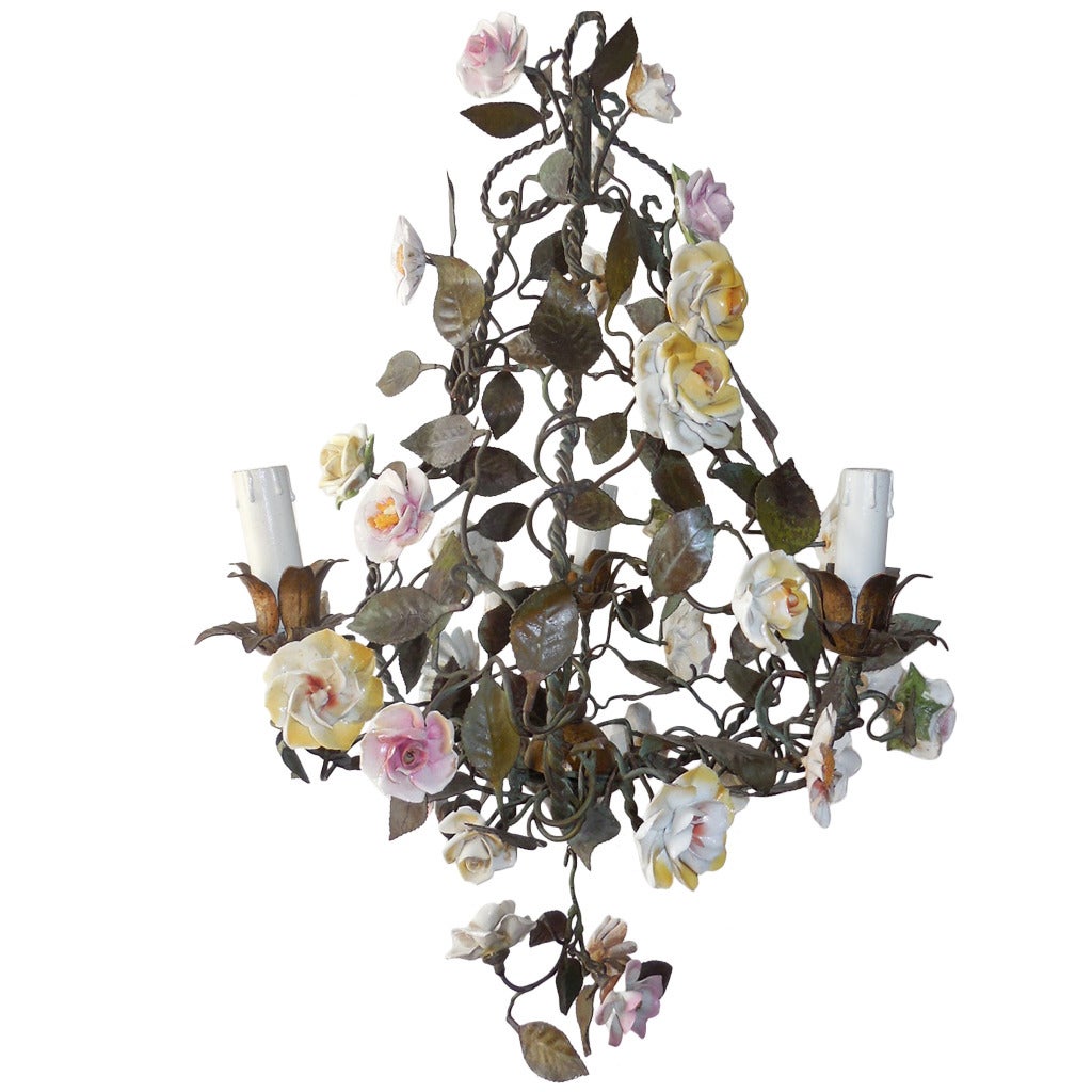 Italian Tole Porcelain Flowers Chandelier with Tassel, circa 1870