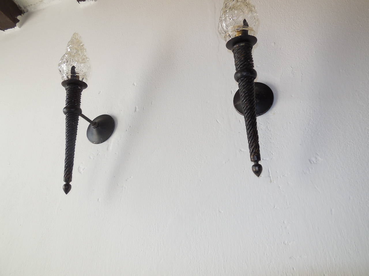 Early 20th Century French Pair of Wrought Iron Torch Glass-Flame Medieval Sconces