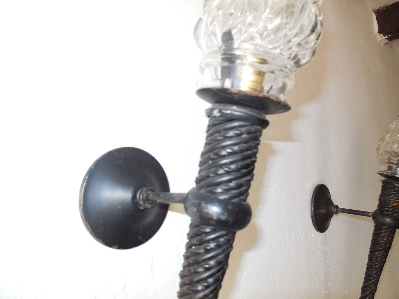 French Pair of Wrought Iron Torch Glass-Flame Medieval Sconces 2