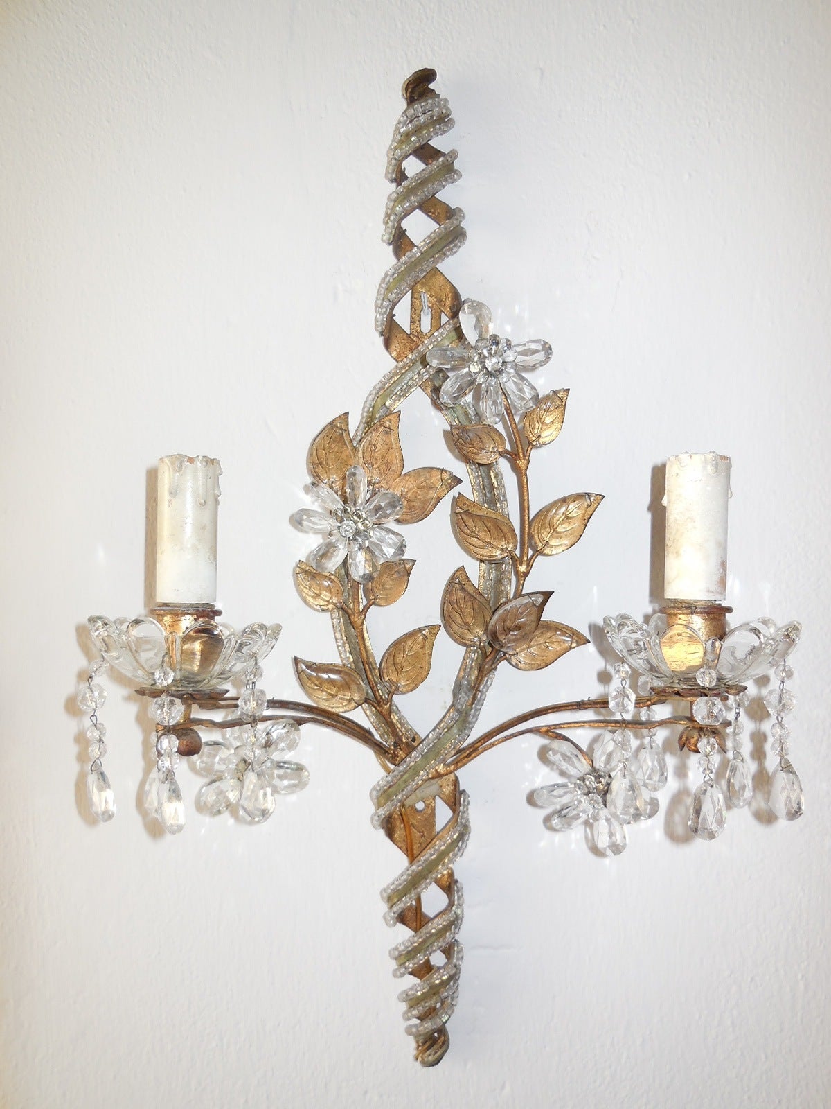 Mid-20th Century French Maison Bagues Style Clear with Green Stripe Beaded Sconces