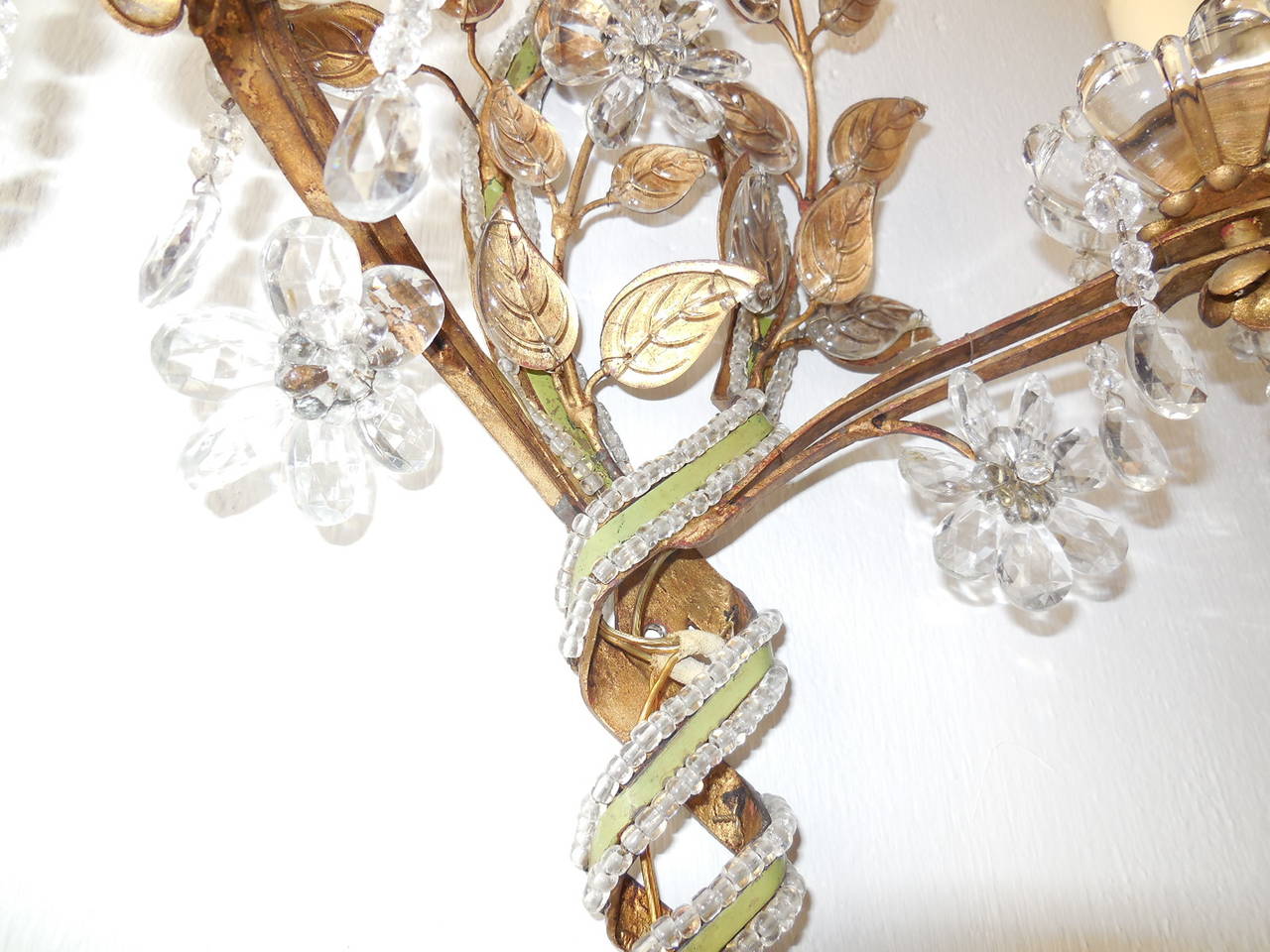 French Maison Bagues Style Clear with Green Stripe Beaded Sconces 3
