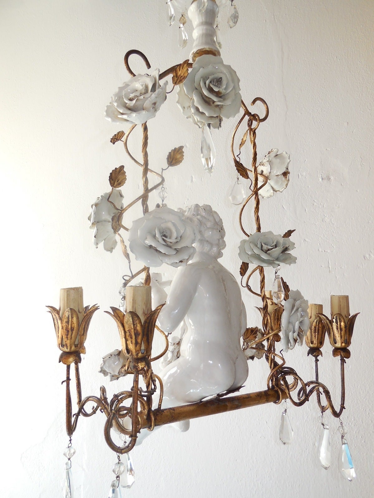 Mid-20th Century French Porcelain Roses and Tole with Huge Cherub Swinging Chandelier
