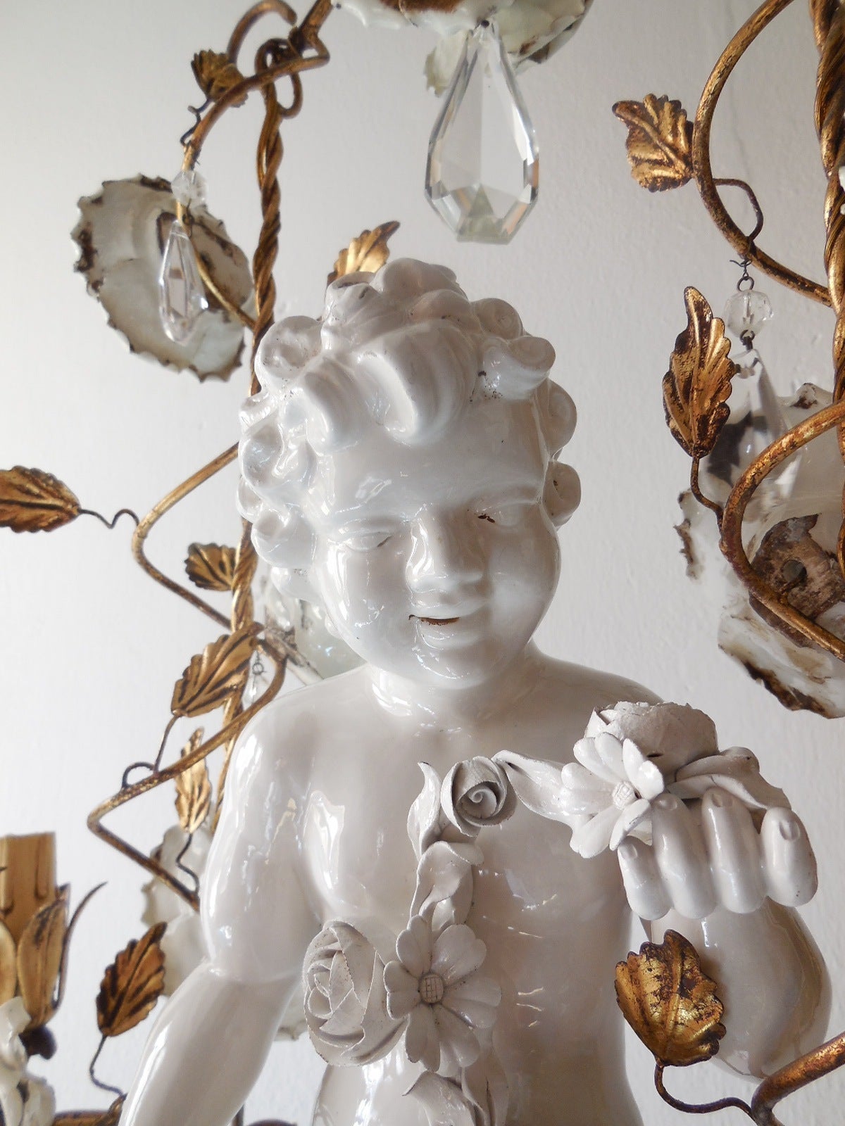 Crystal French Porcelain Roses and Tole with Huge Cherub Swinging Chandelier