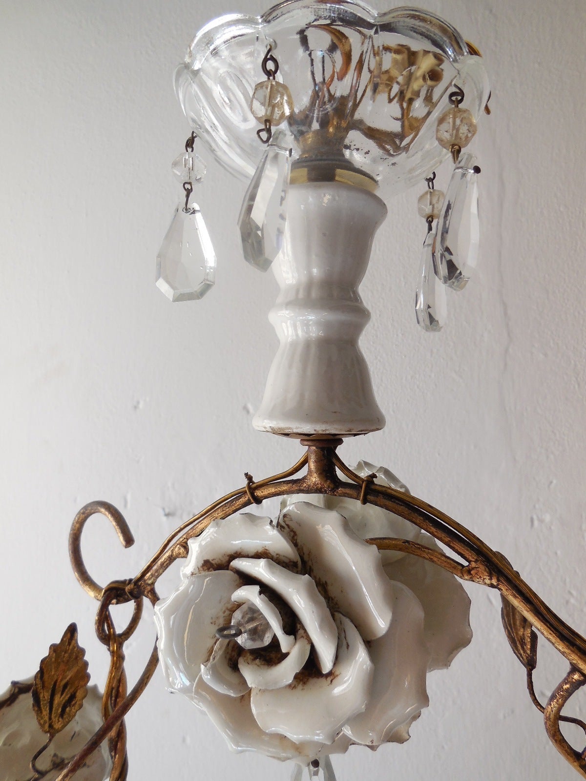 French Porcelain Roses and Tole with Huge Cherub Swinging Chandelier 3