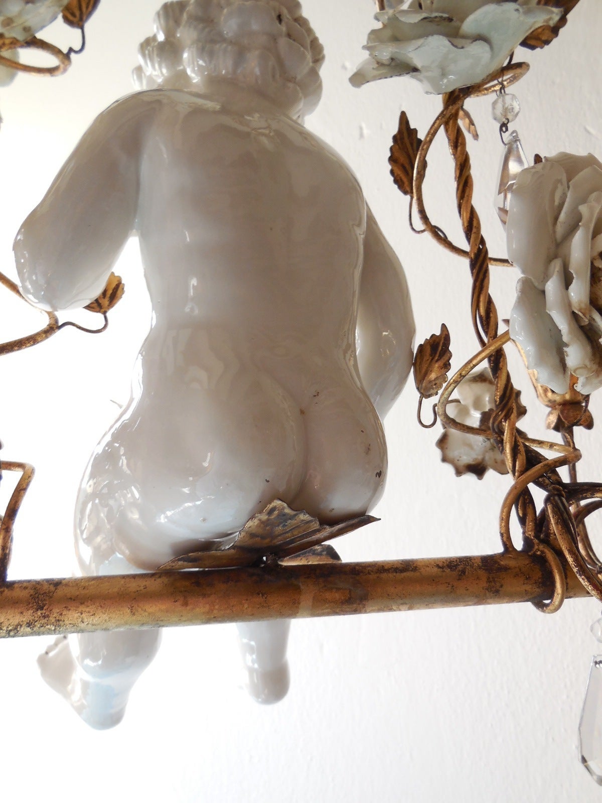 French Porcelain Roses and Tole with Huge Cherub Swinging Chandelier 4