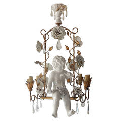 Vintage French Porcelain Roses and Tole with Huge Cherub Swinging Chandelier