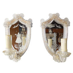 Antique Etched Venetian Man and Woman Mirror Sconces with Murano Glass Flowers