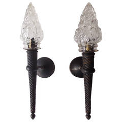 French Pair of Wrought Iron Torch Glass-Flame Medieval Sconces