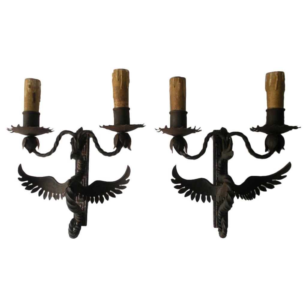 Italian Winged Dragon Wrought Iron Medieval Sconces at 1stdibs