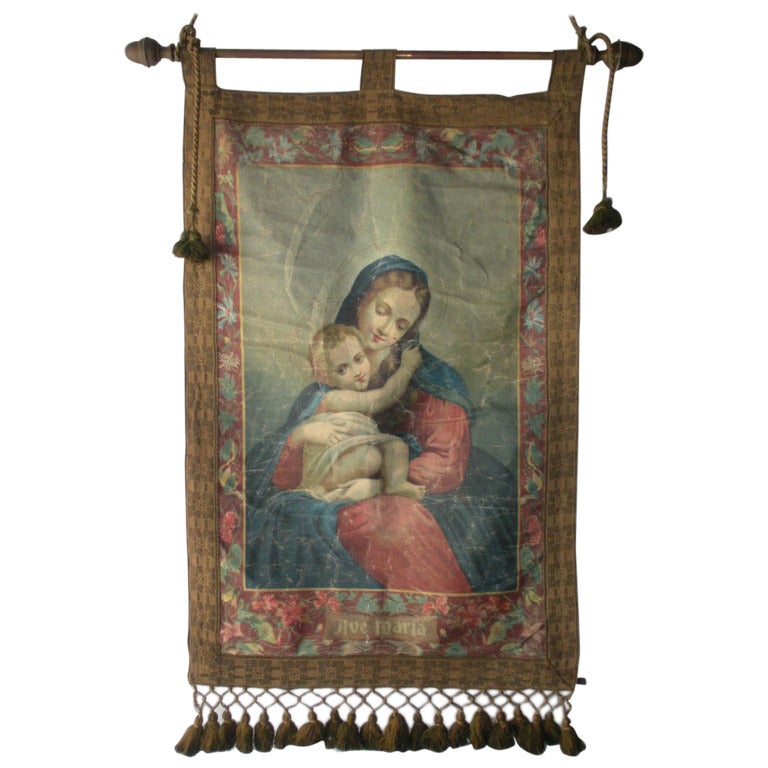 Italian Oliograph “Ave Maria” Church Religious Banner, 1900