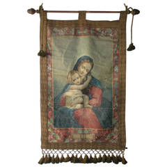 Antique Italian Oliograph “Ave Maria” Church Religious Banner, 1900