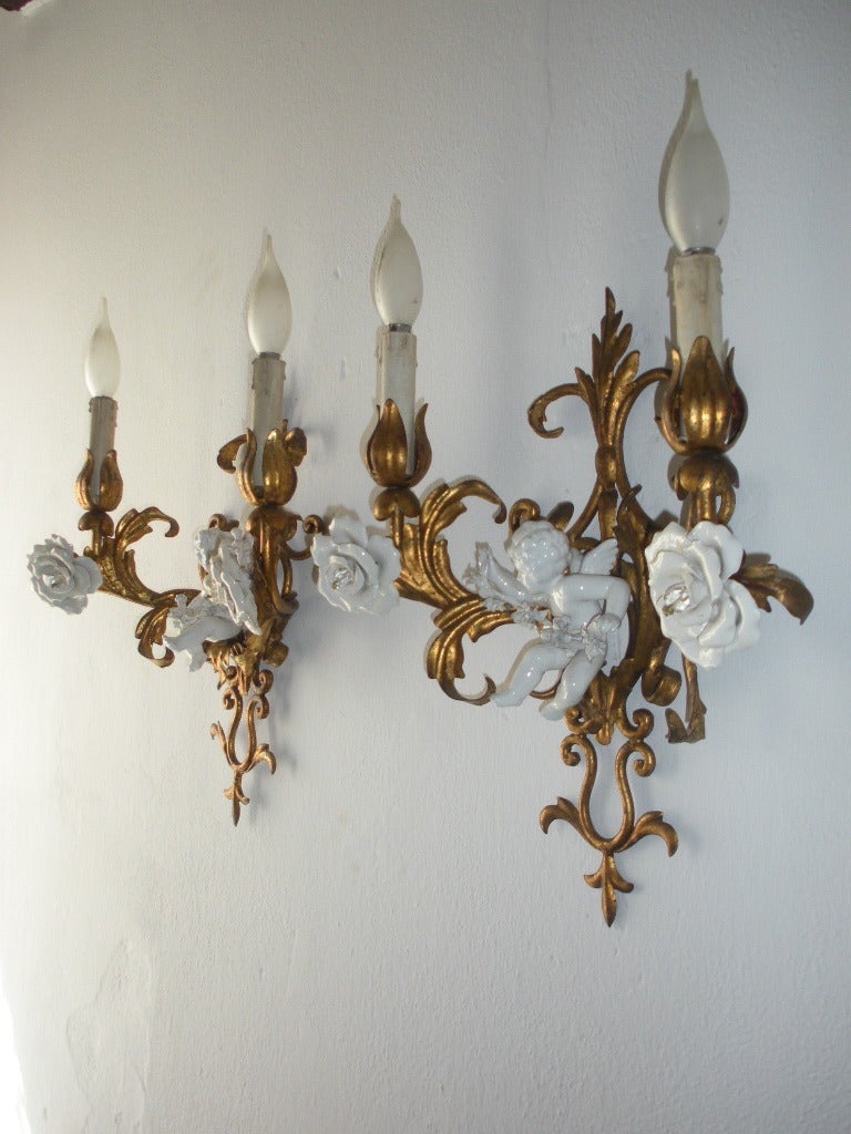 *I have the matching Chandelier as well!  Housing 2 lights each.  Gilt tole with huge porcelain roses in white.  Winged cherubs in center, (that are detachable) holding flowers.  Rewired and ready to hang!  Free priority shipping from Italy.