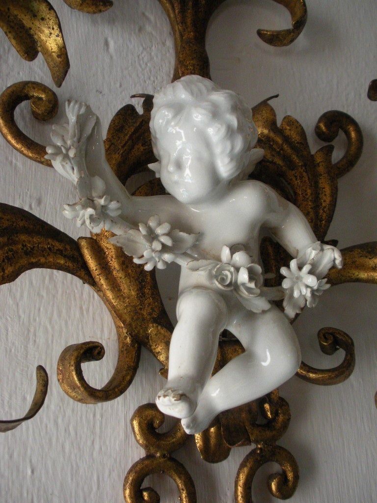 French Porcelain Winged Cherub Gilt Tole Sconces, 1940 1