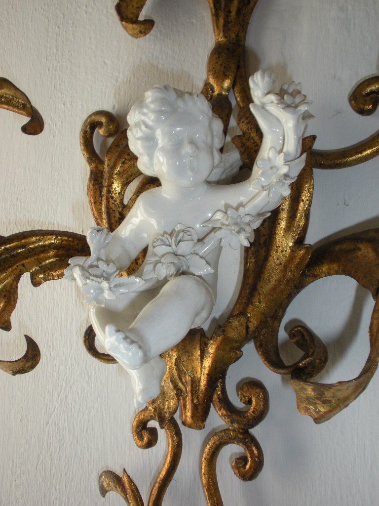 French Porcelain Winged Cherub Gilt Tole Sconces, 1940 3