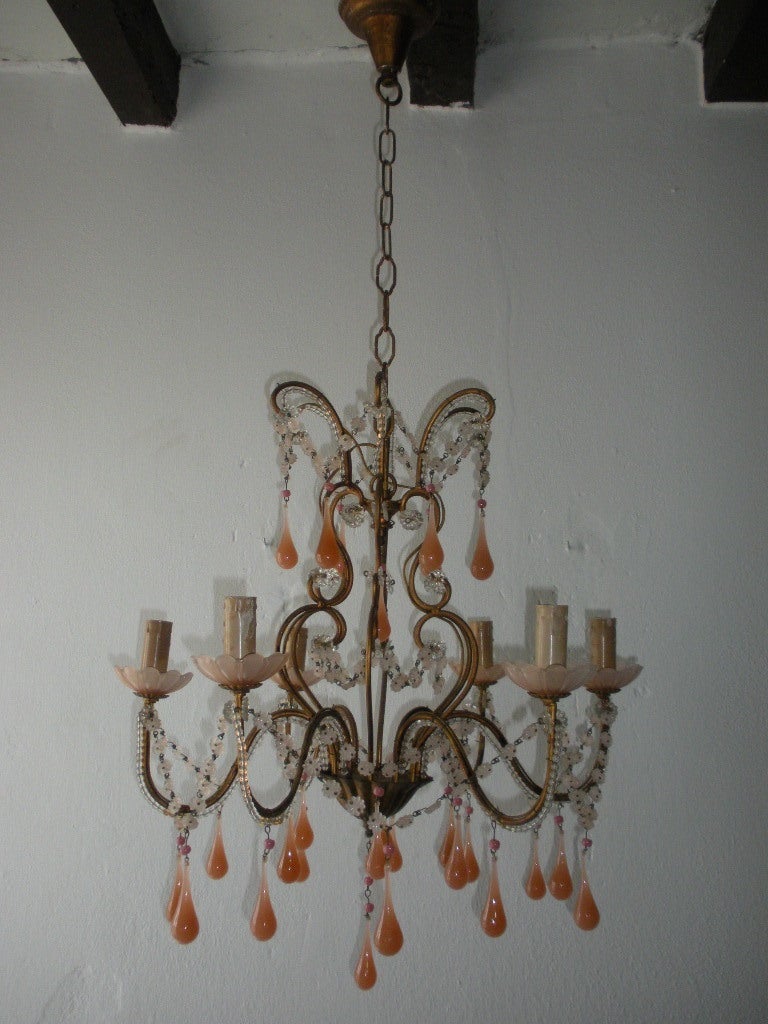 French Pink Opaline Drops and Florets Chandelier