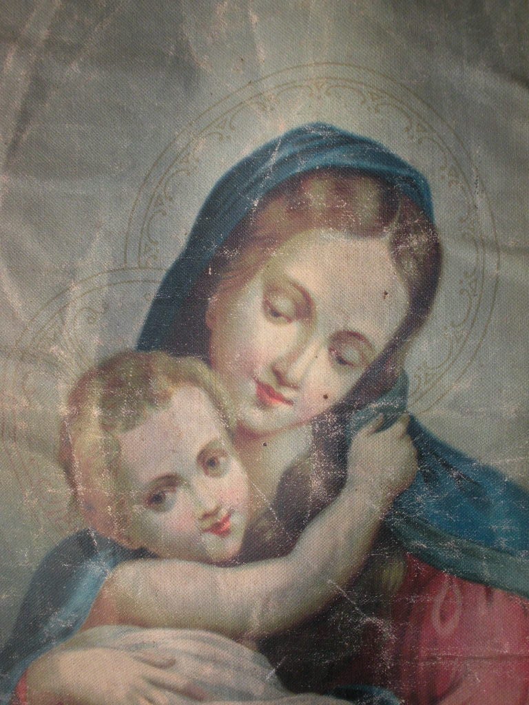 Early 20th Century Italian Oliograph “Ave Maria” Church Religious Banner, 1900