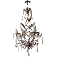 French Beaded Pink Prisms and Porcelain Roses Chandelier
