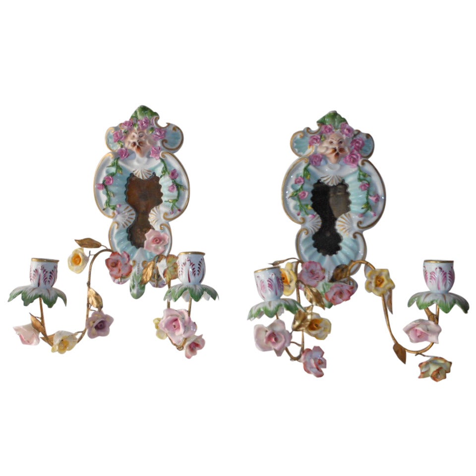 French Porcelain Flowers Mirrored Sconces, 19th Century