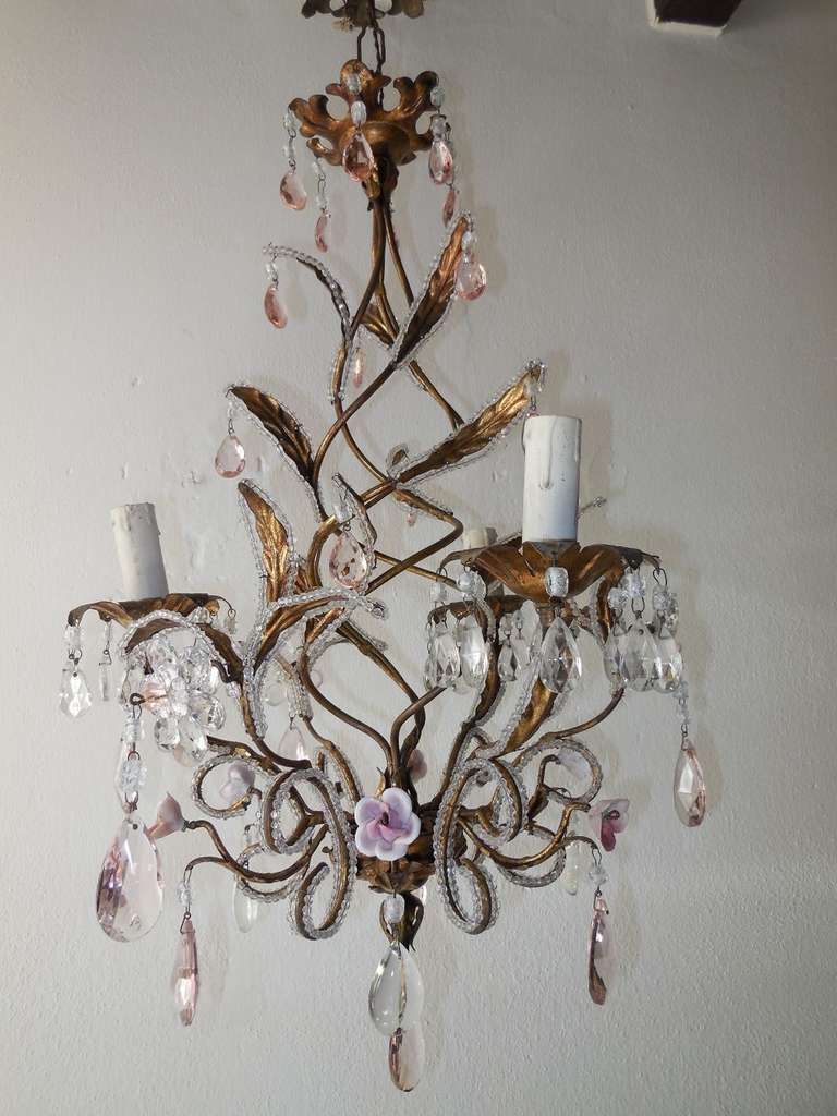 French gold gilt tole beaded leaves and bottom.  Housing 3 lights.  Pink handmade roses and pink crystal prisms. Re-wired and ready to hang!  Free priority shipping from Italy.  Add 20 in of original chain and canopy.