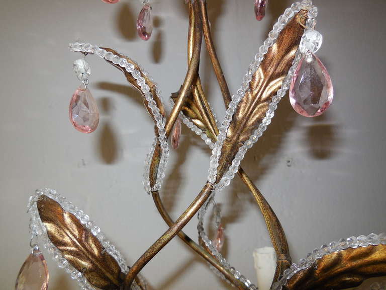 Mid-20th Century French Beaded Pink Prisms and Porcelain Roses Chandelier