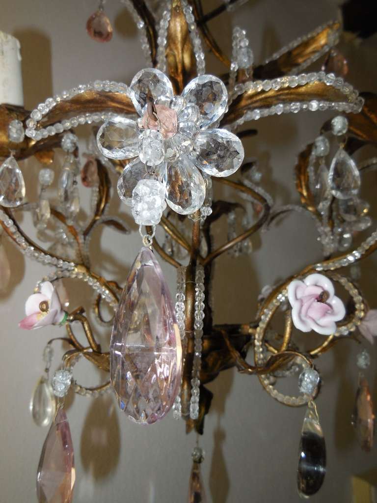 French Beaded Pink Prisms and Porcelain Roses Chandelier 1