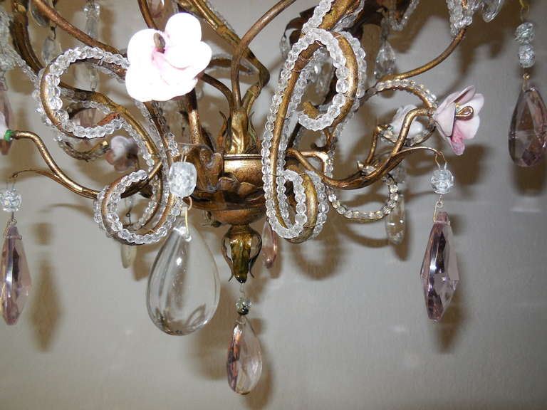 French Beaded Pink Prisms and Porcelain Roses Chandelier 2