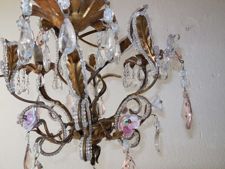 French Beaded Pink Prisms and Porcelain Roses Chandelier 3