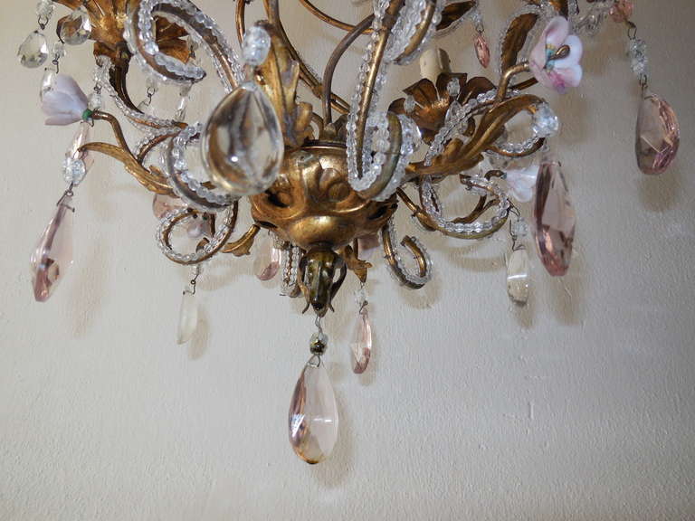French Beaded Pink Prisms and Porcelain Roses Chandelier 4