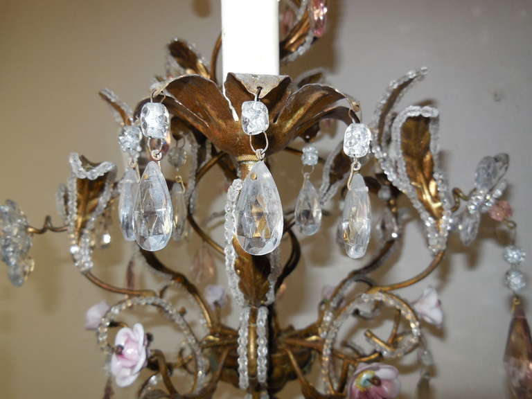 French Beaded Pink Prisms and Porcelain Roses Chandelier 5