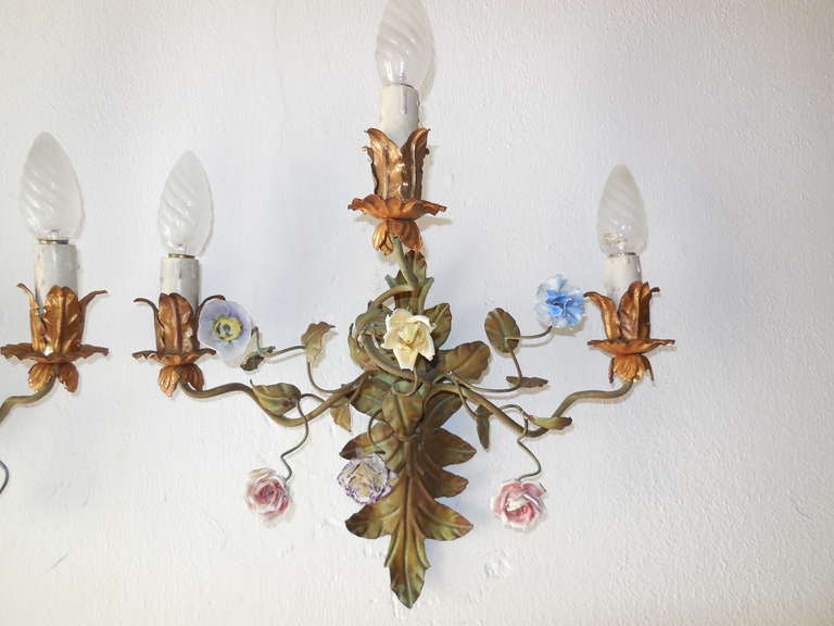 Tôle Italian 3 Light Tole Porcelain Flowers Sconces