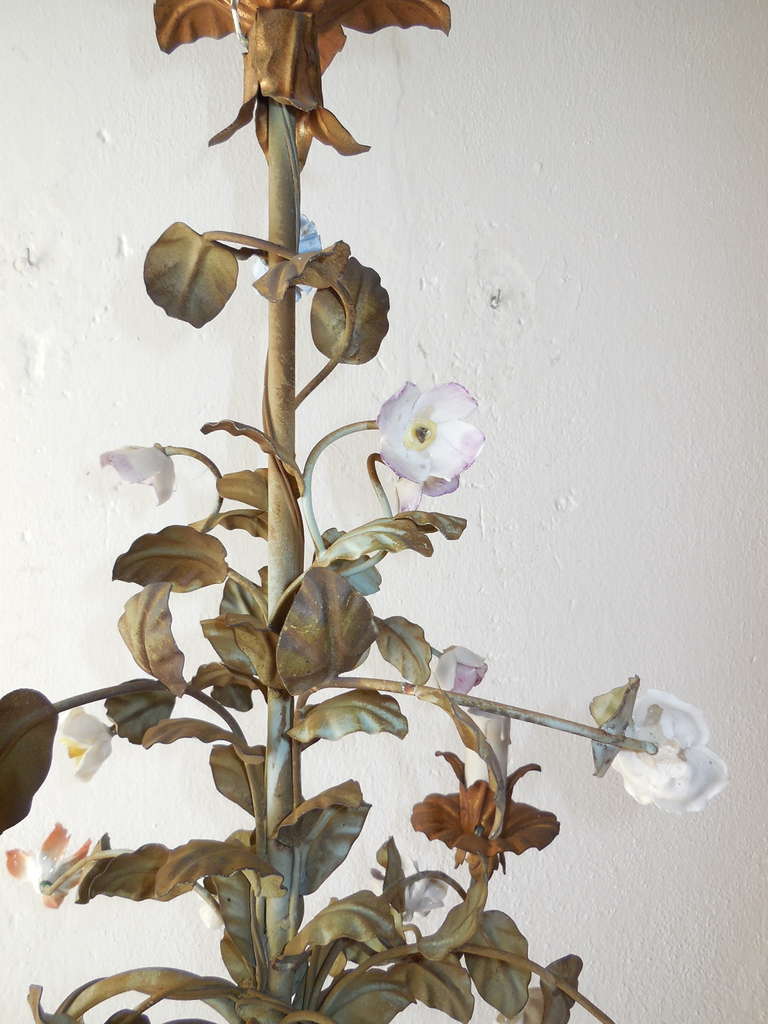 19th Century Italian 1870 Tole Polychrome Porcelain Flowers Chandelier