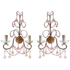 Italian Tole Pink Opaline Drops and Beads Sconces