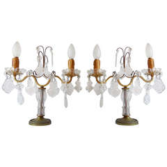 French Crystal & Bronze Girandole Table Lamps