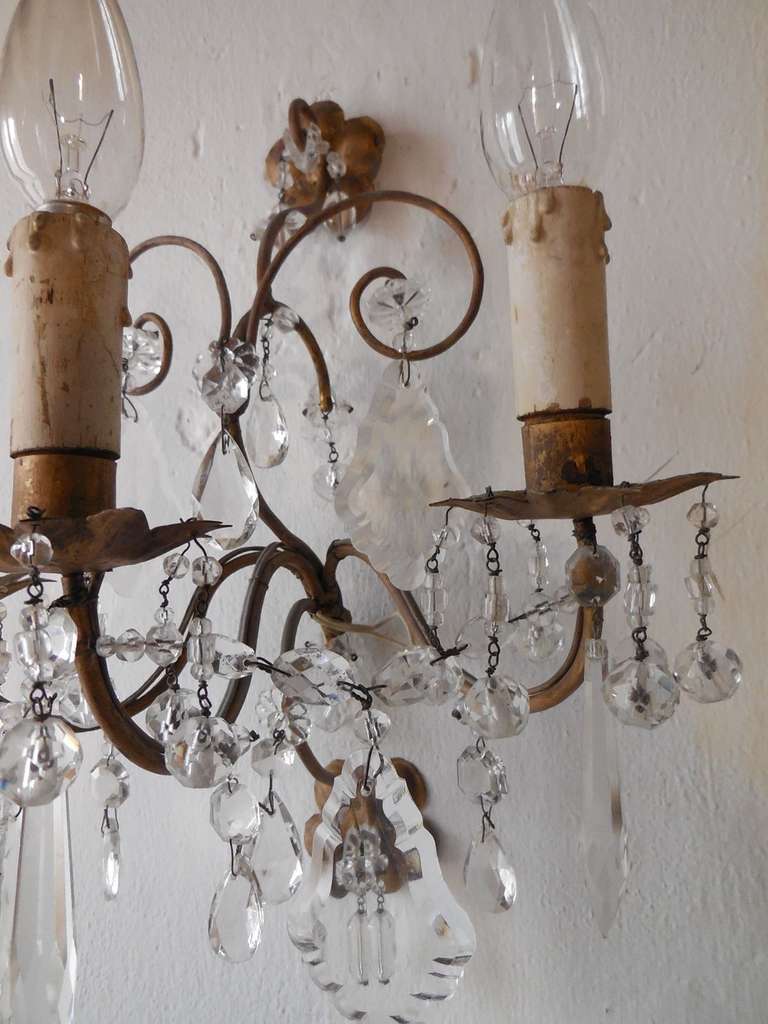 French Tole and Crystal Prisms 3 Light Sconces