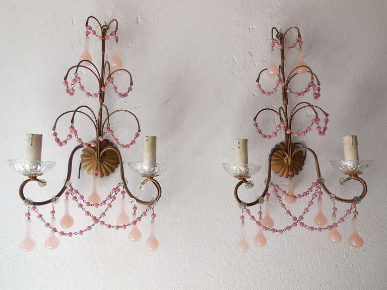 Italian Tole Pink Opaline Drops and Beads Sconces