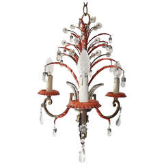 French Red Orange Polychromed Iron and Crystal Chandelier