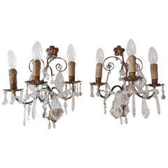 French Tole and Crystal Prisms 3 Light Sconces