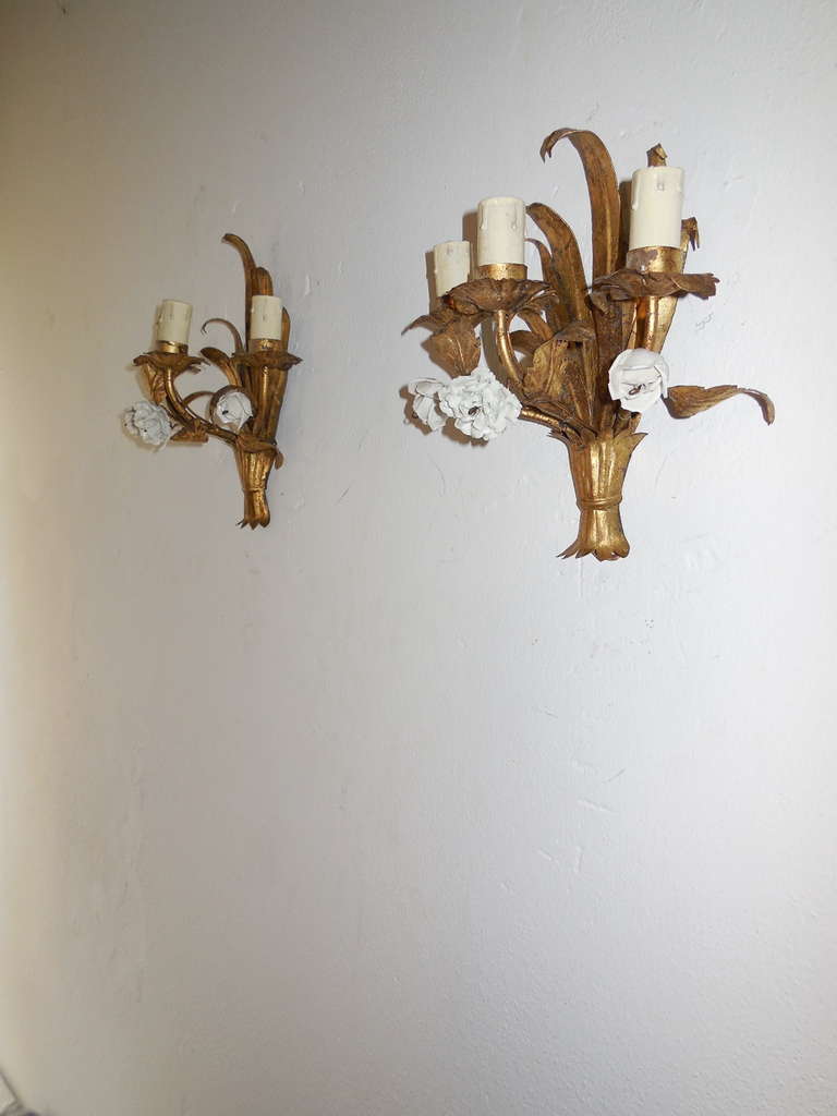 French Gold Tole Sconces with White Porcelain Roses and Flowers