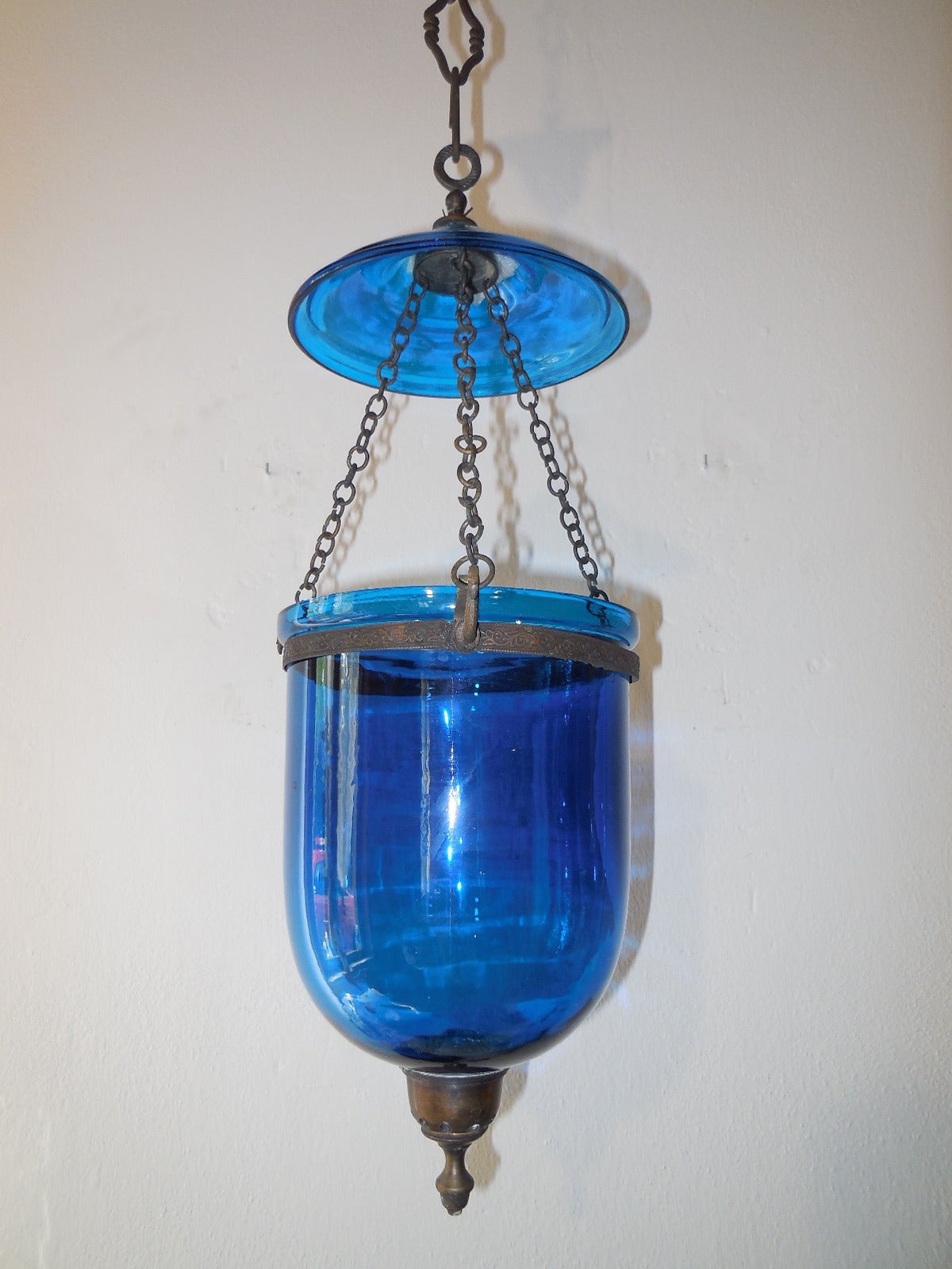 Rare cobalt color.  Bronze ornaments.  Made for candles from the 1800’s.  Adding 9” of original chain and canopy.  Free shipping from Italy.  Bell alone measures 10.5