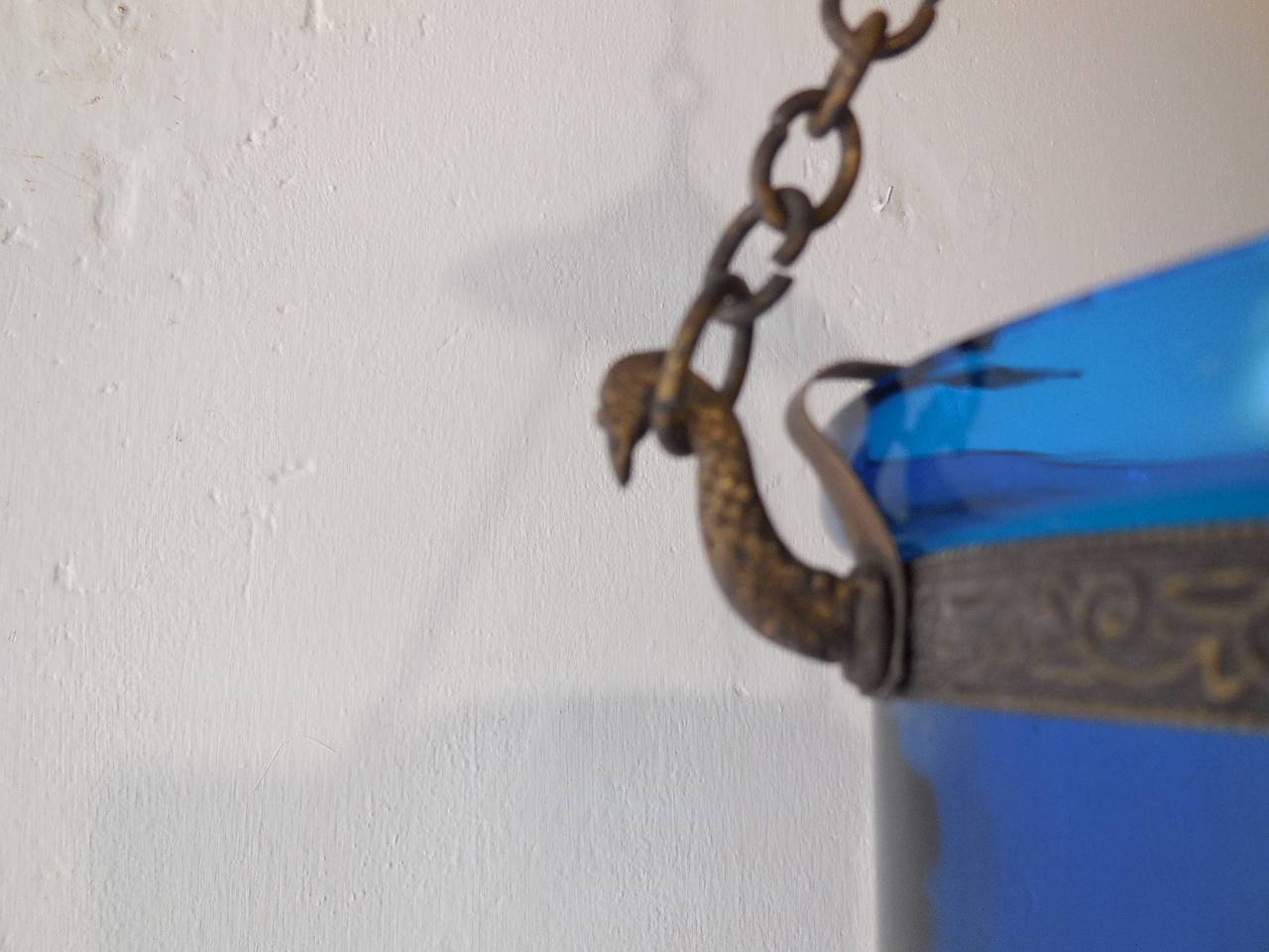 Mid-19th Century 19th Century English Cobalt Blue Bell Jar Lantern Chandelier