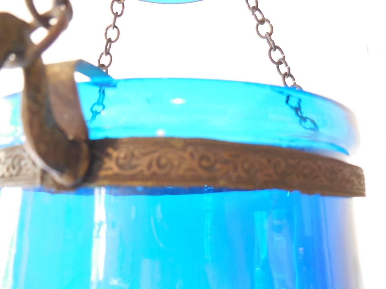 Blown Glass 19th Century English Cobalt Blue Bell Jar Lantern Chandelier