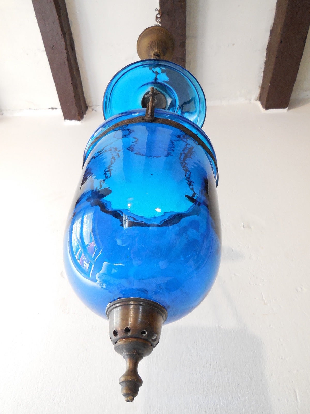 19th Century English Cobalt Blue Bell Jar Lantern Chandelier 1