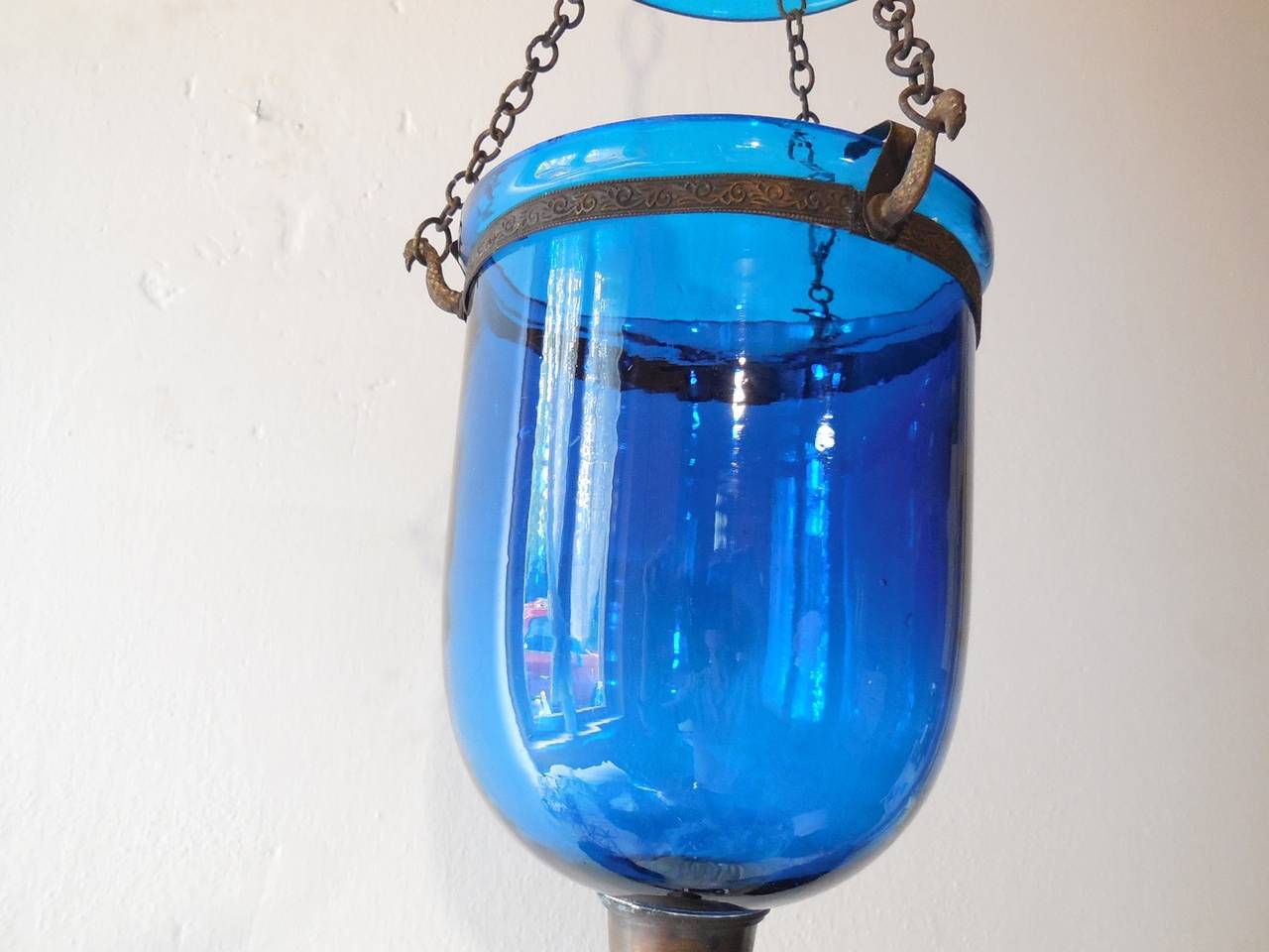 19th Century English Cobalt Blue Bell Jar Lantern Chandelier 2