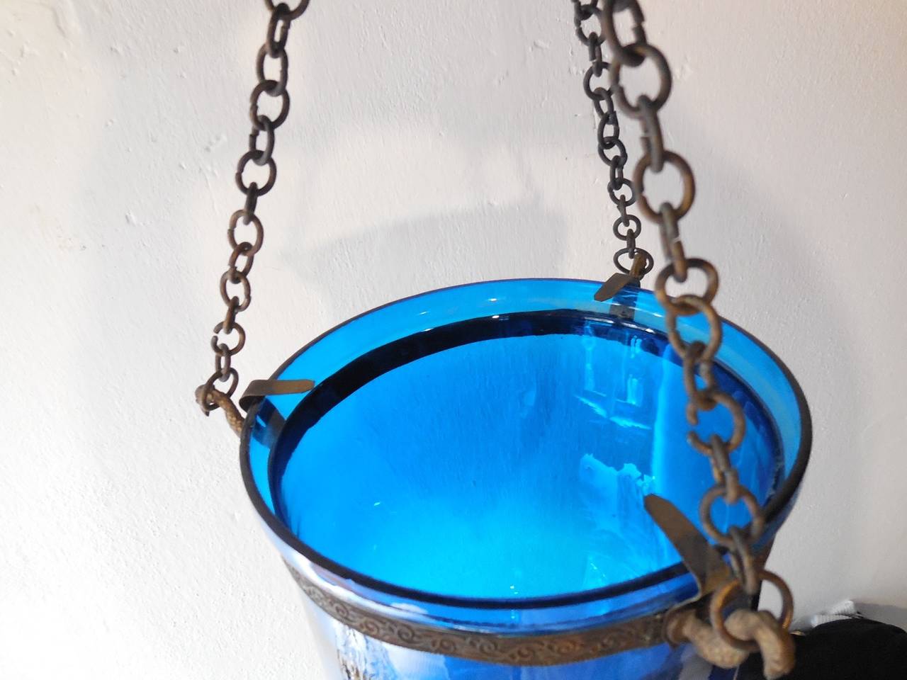 19th Century English Cobalt Blue Bell Jar Lantern Chandelier 3